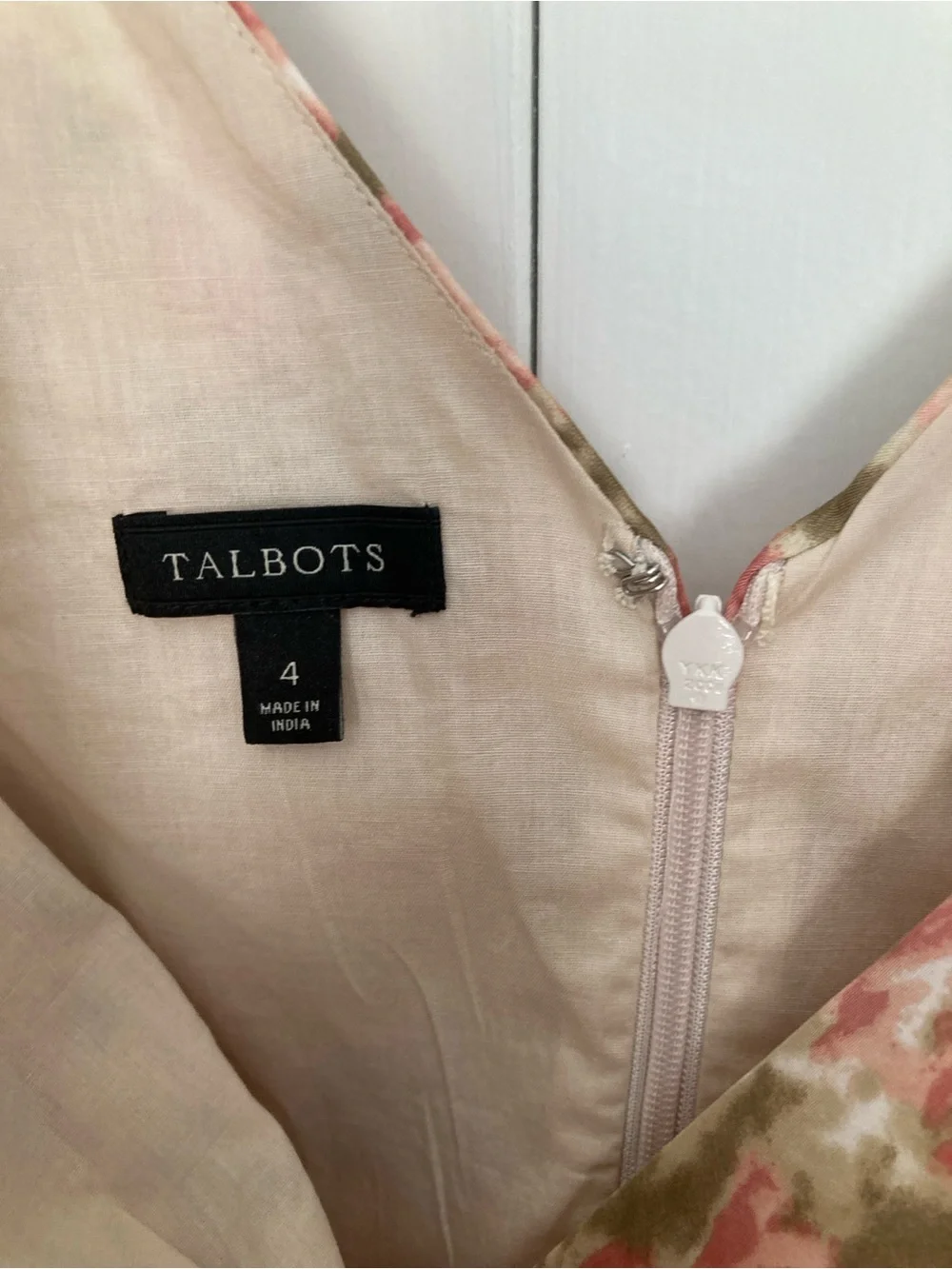 Talbots Pink and Taupe Floral V Neck Sleeveless Dress with Bow